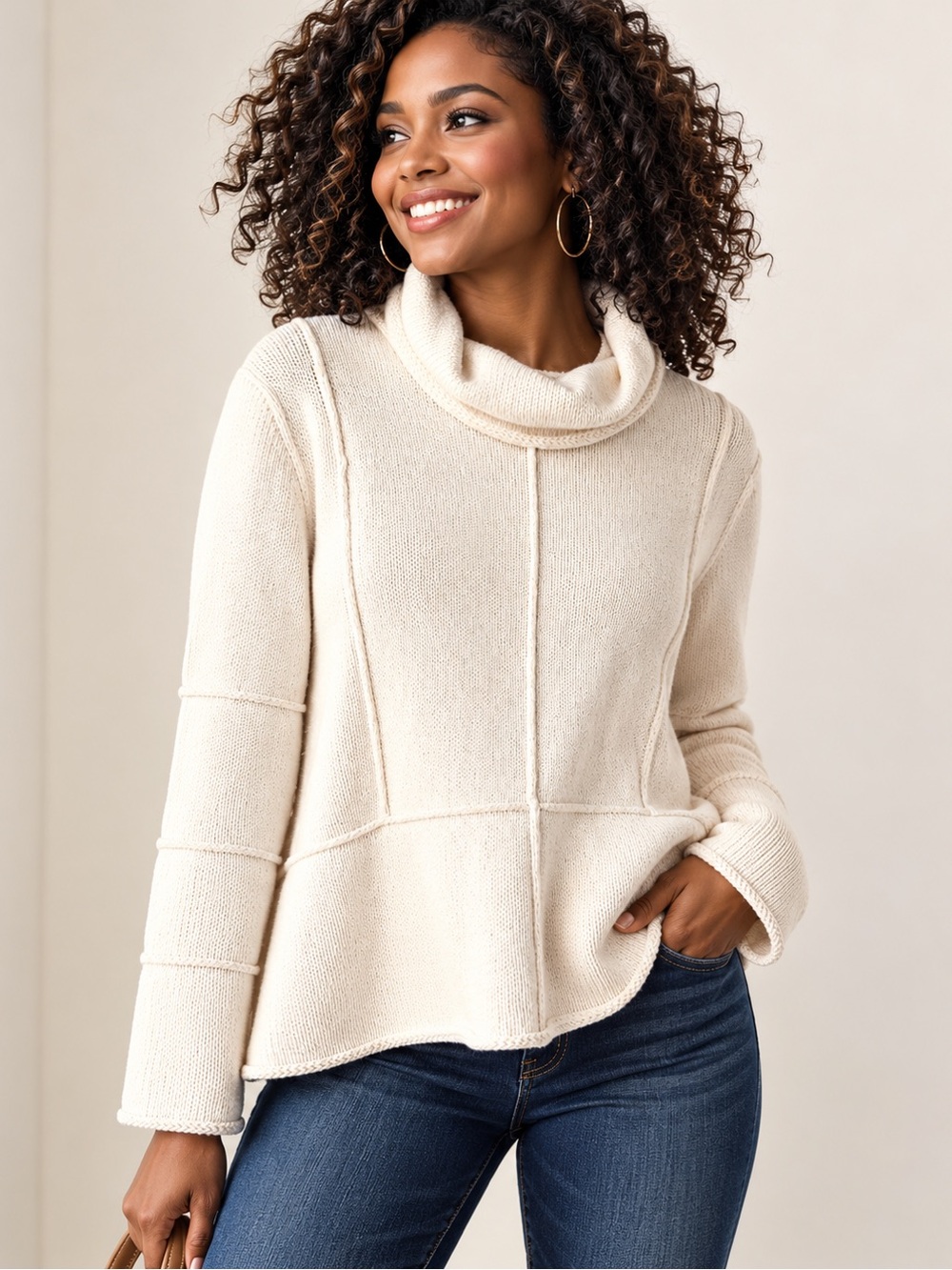 Pure Handknit 100% Cotton Cowl Neck Sweater S/M Cream Artisan Boho